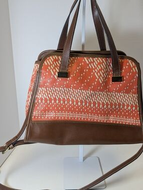Brown Leather Shoulder Bag with Coral and Cream Woven Panels